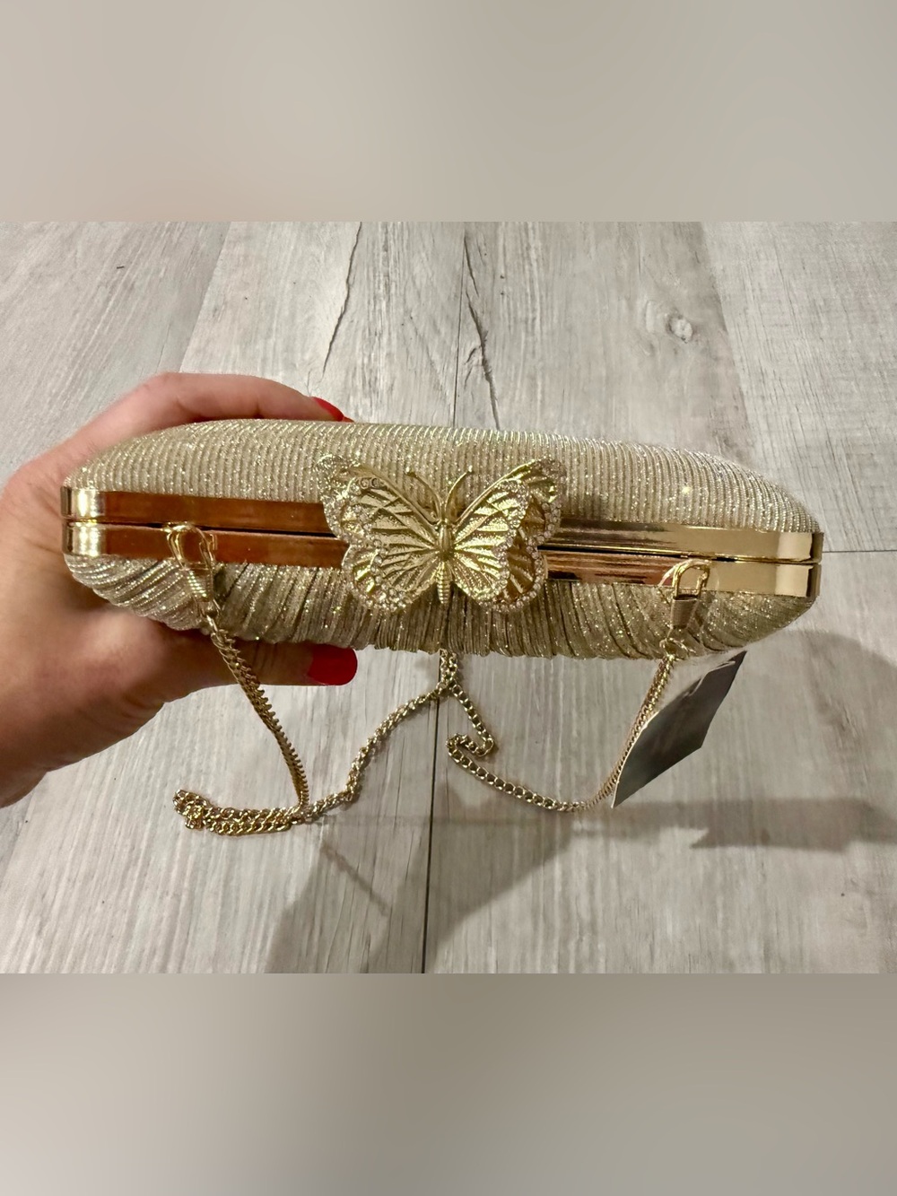 D’margeaux New York Pleated Gold Metallic Butterfly Clutch Purse Removable Chain